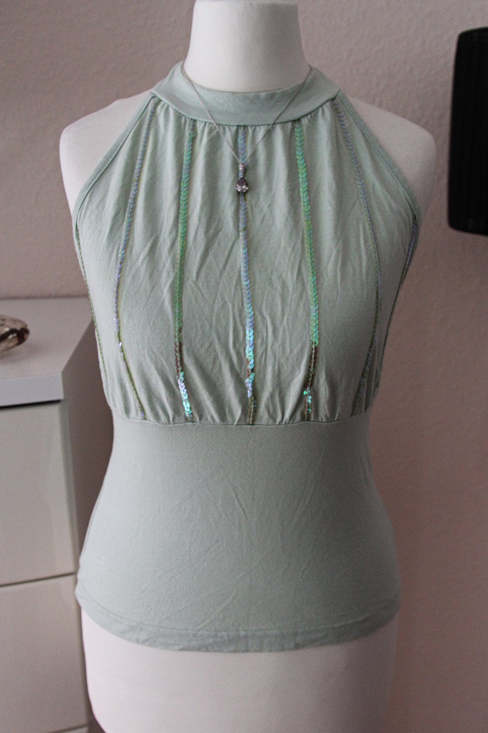 Top mit Pailletten, elegant, hübsch, chic, Mintgrün, Neckholder, Tanktop