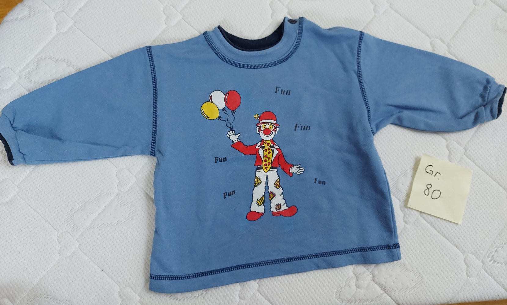 langärmliger blauer Babypullover mit Clown, Gr. 80