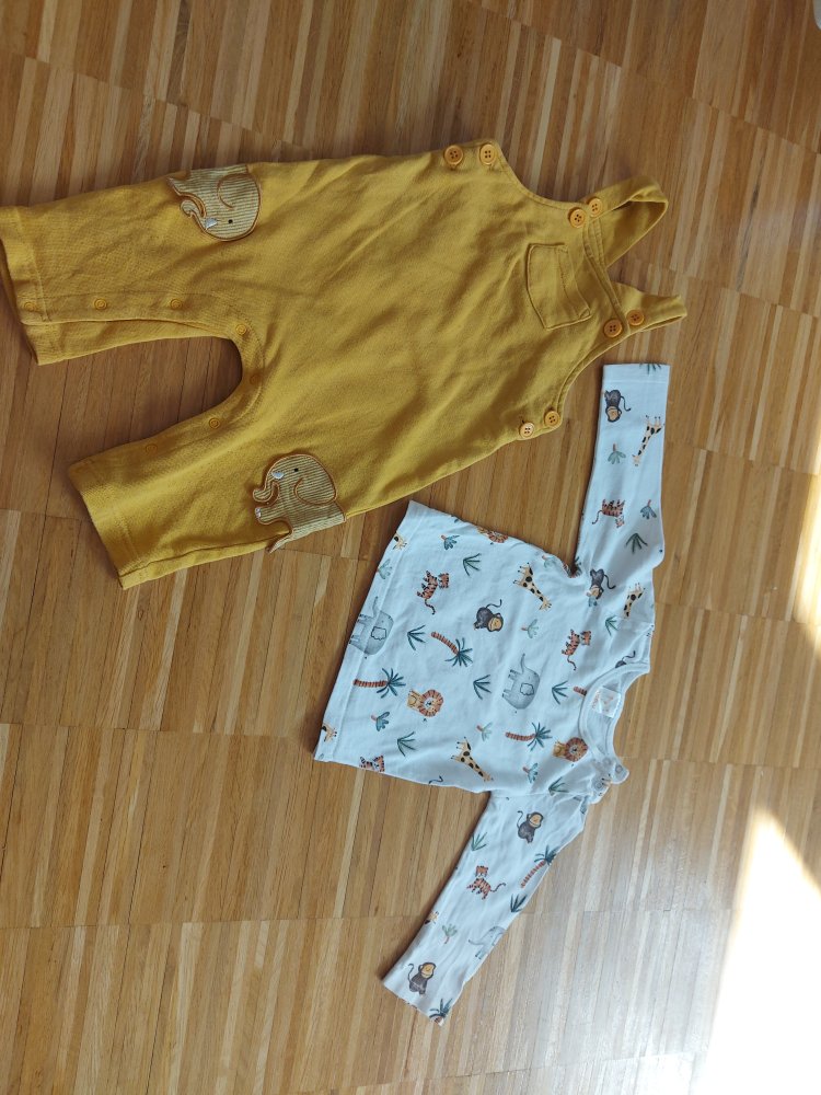 2-teiliges Bekleidungsset mit Wildtiermotiven Langarmshirt und gelbe Latzhose, Gr. 74