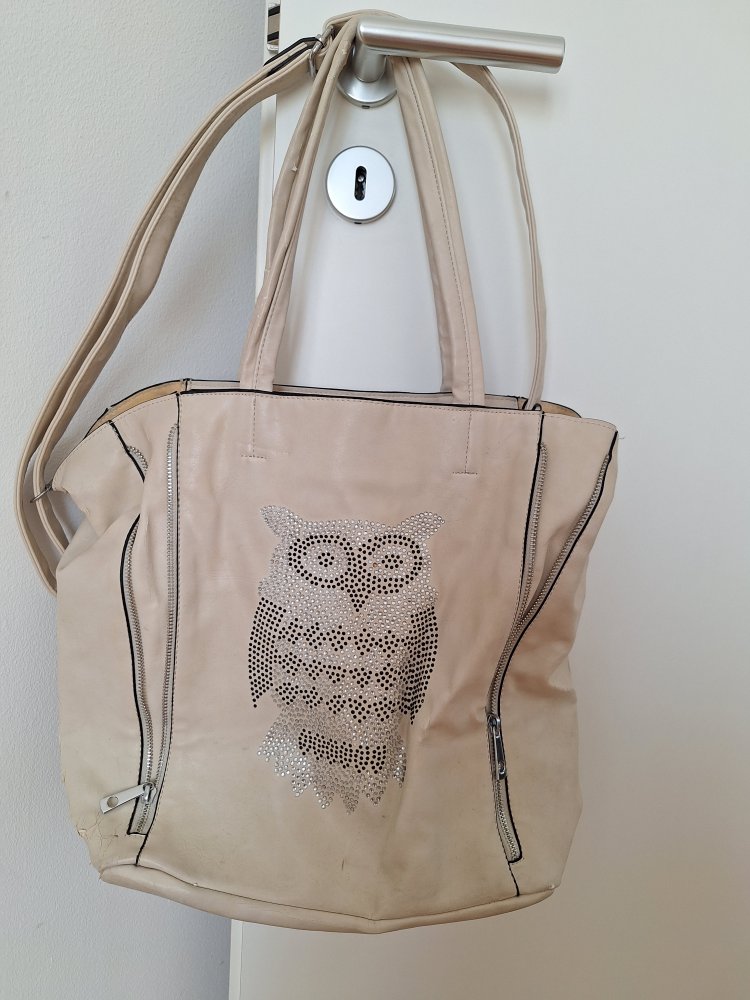 Großer cremefarbener Shopper mit Pailetten-Eule