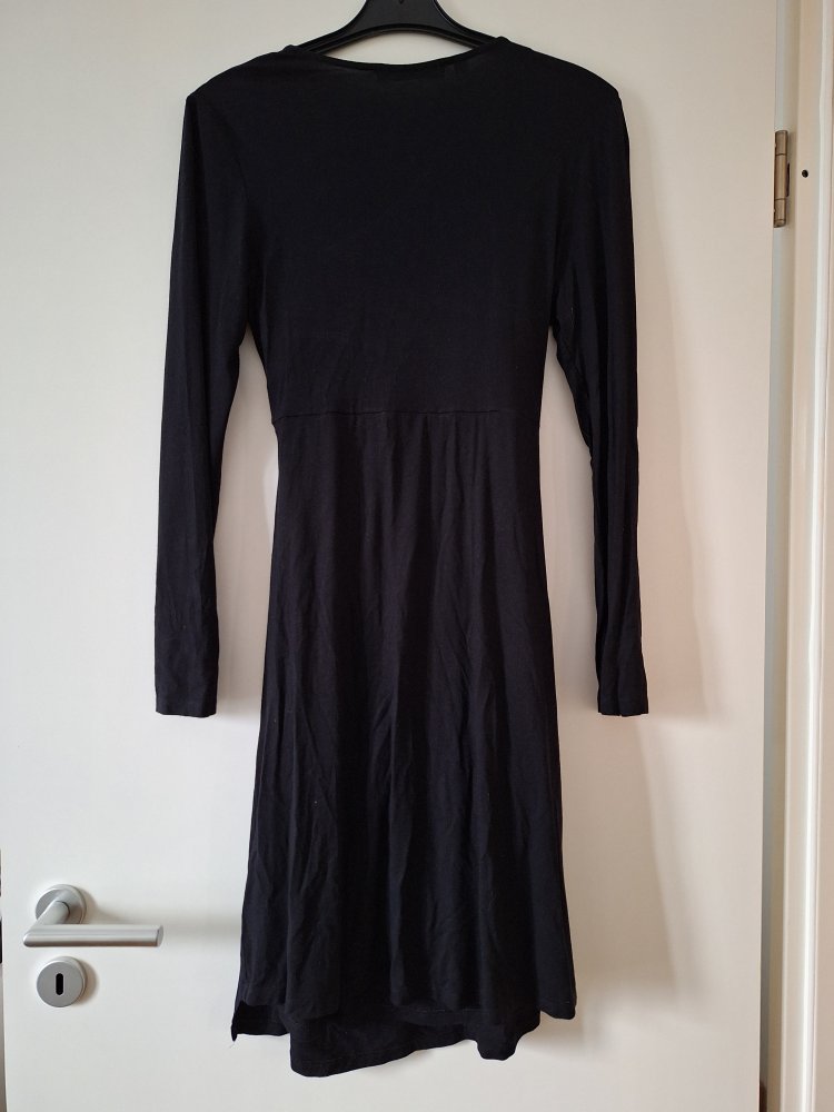 langärmliges schwarzes Wickel-Stillkleid / Wickel-Umstandskleid mit Spitze und Schleife Gr. 40/42