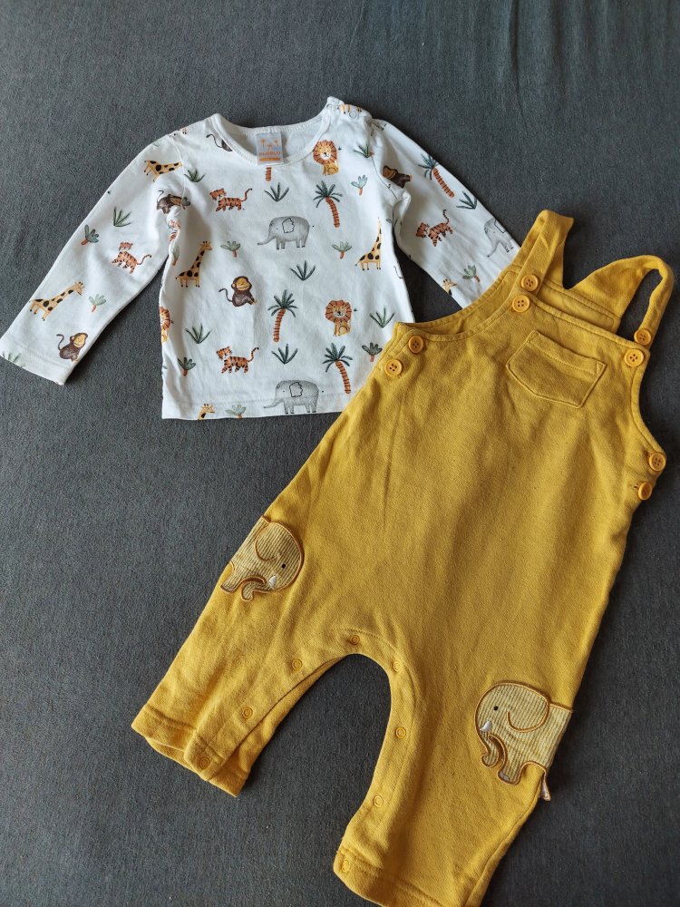 2-teiliges Bekleidungsset mit Wildtiermotiven Langarmshirt und gelbe Latzhose, Gr. 74