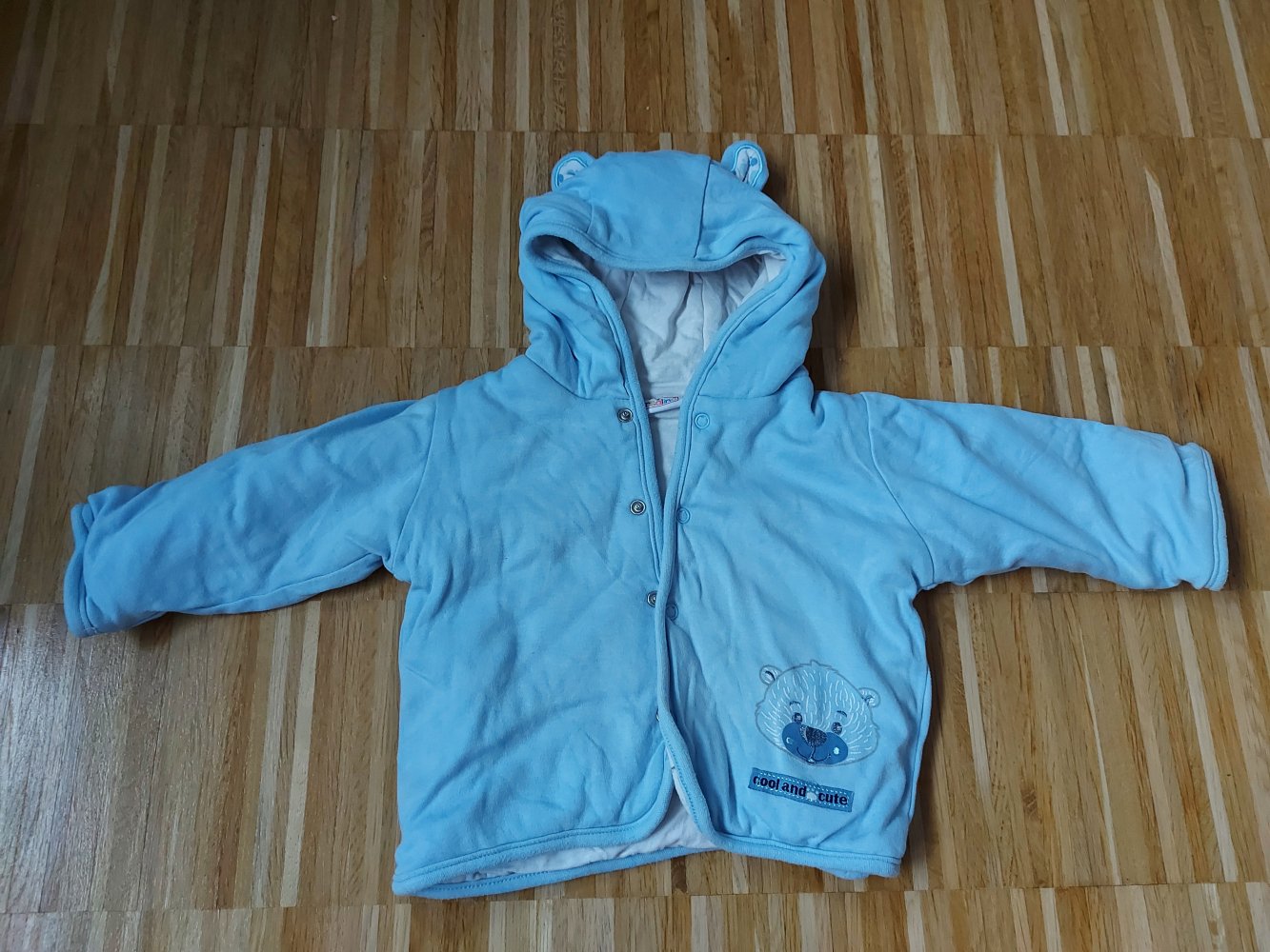 hellblaue gefütterte Babyjacke mit Bärchenohren-Kapuze, Gr. 68