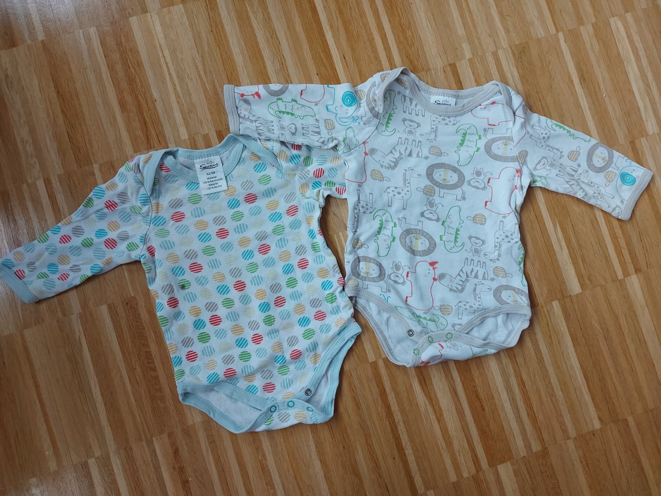 Body-Set: 2 langärmlige weiße Bodys mit bunten Mustern (Punkte/Tiere) Gr. 62/68 (2er-Set/Doppelpack)