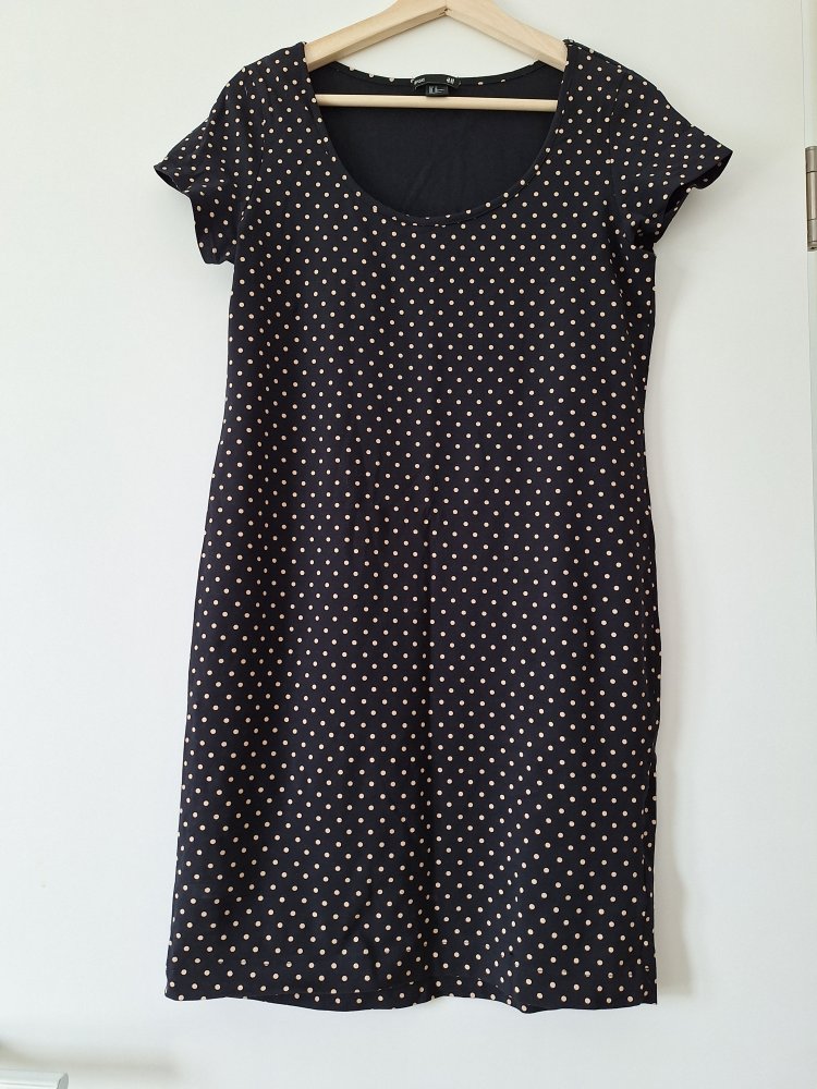 Dunkelblaues T-Shirtkleid mit beigen Polka Dots, Gr. M