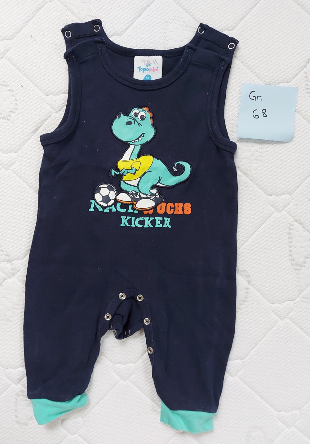 dunkelblauer Babystrampler mit Dino Nachwuchskicker Gr. 68
