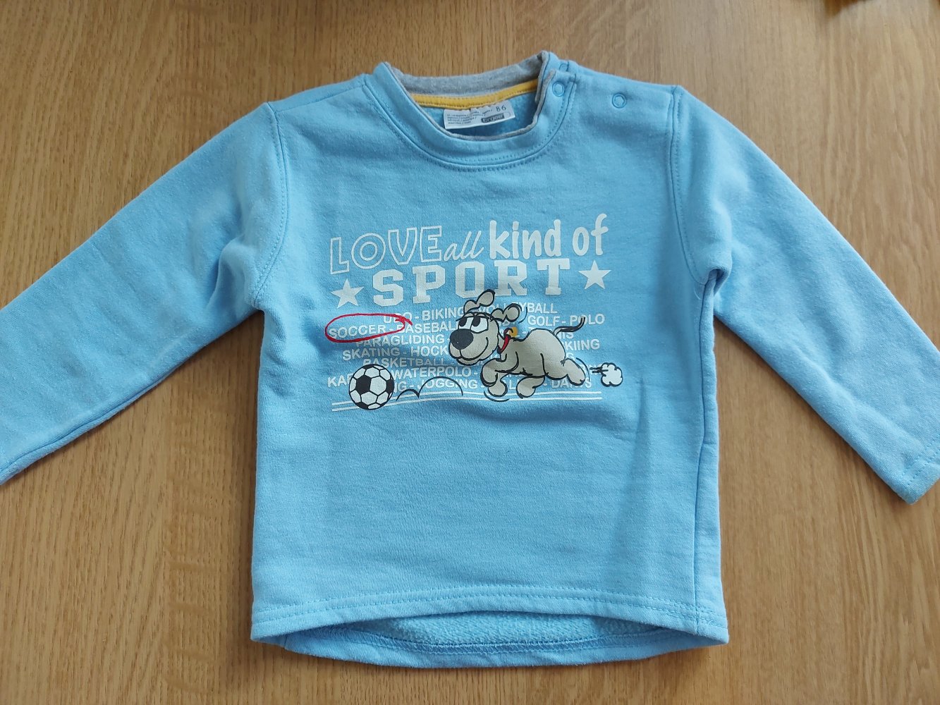 langärmliger hellblauer Babypullover mit Hundemotiv Love all the sports Gr. 86