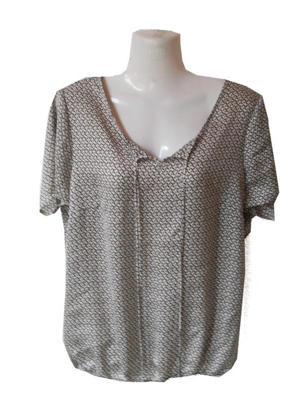 Bluse elegant chic glänzend beige schwarz kurzärmelig Gr. 42