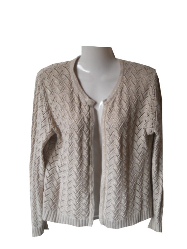 Strickjacke Cardigan Glitzer Lurex Ajourmuster Lochmuster beige Gr. S