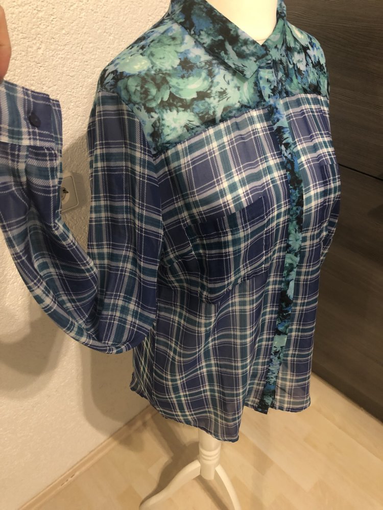Leichte Bluse / blau / kariert + floral Muster gr.L/XL