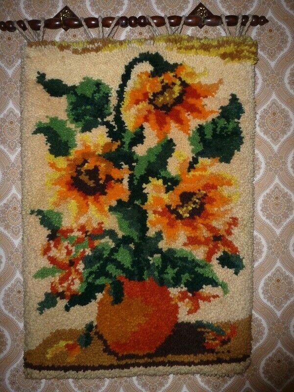 Schönes geknüpftes Wandbild Sonnenblumen von Jungshans Wolle Handarbeit