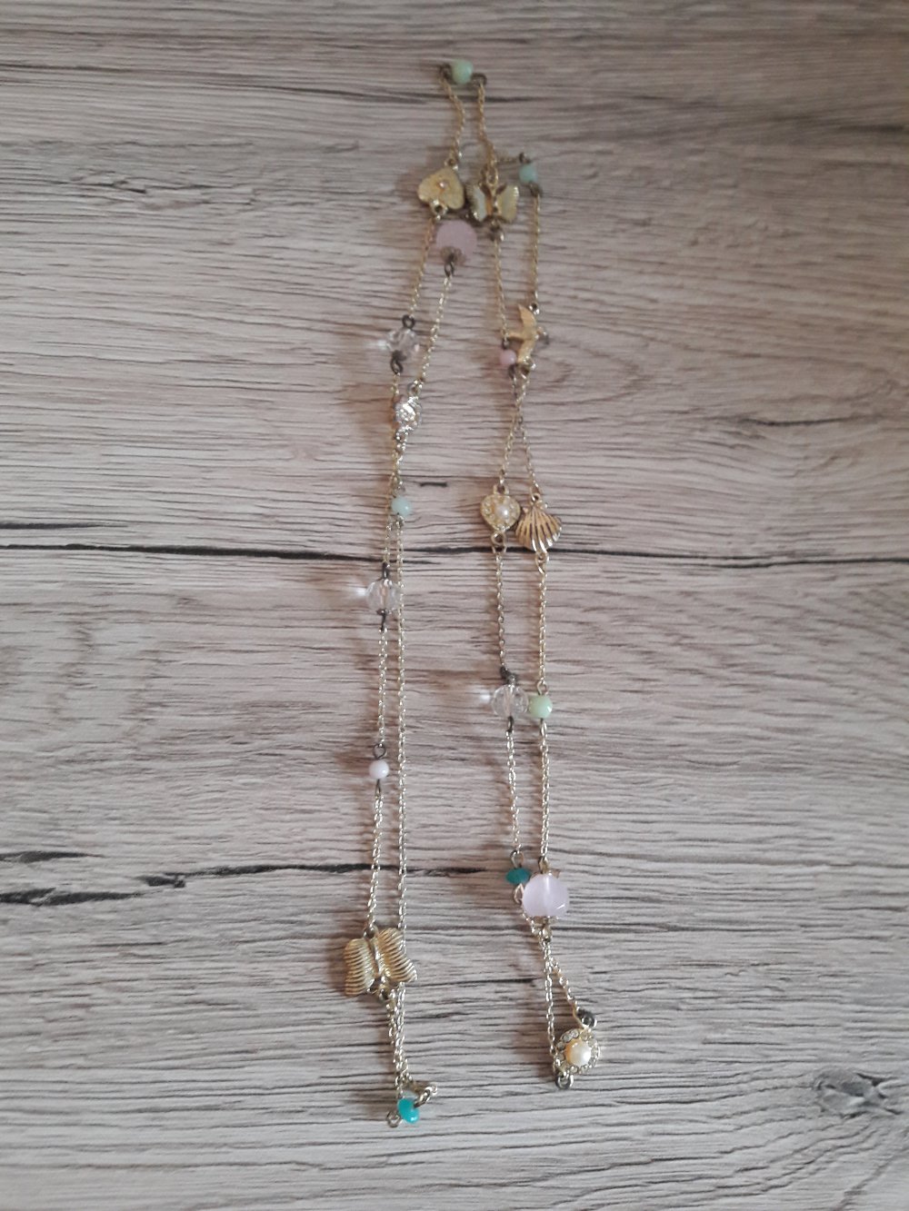 lange verspielte Kette - gold - Herzen - Muscheln - Schwalben - Perlen