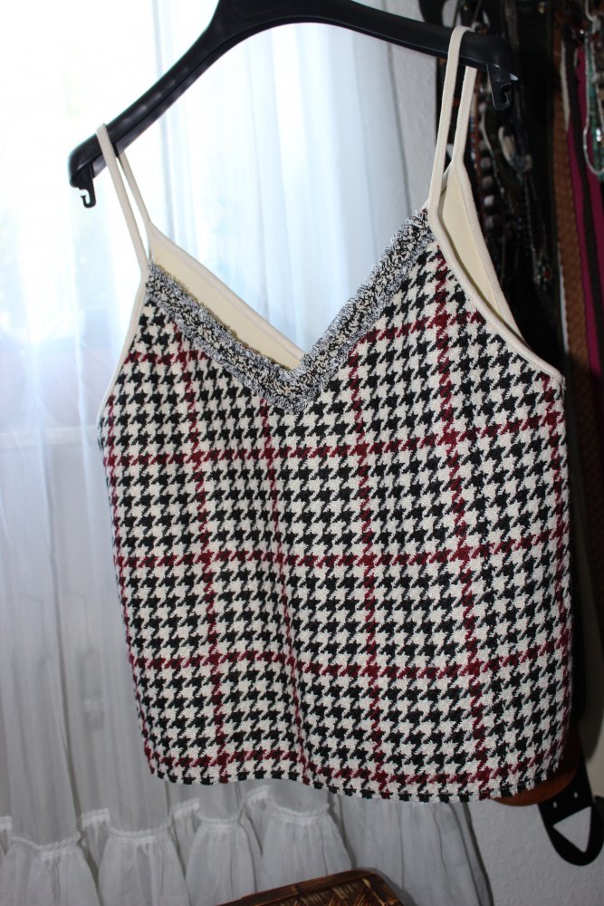 NEU! ZARA Tweed Top Hahnentritt creme schwarz bordeaux
