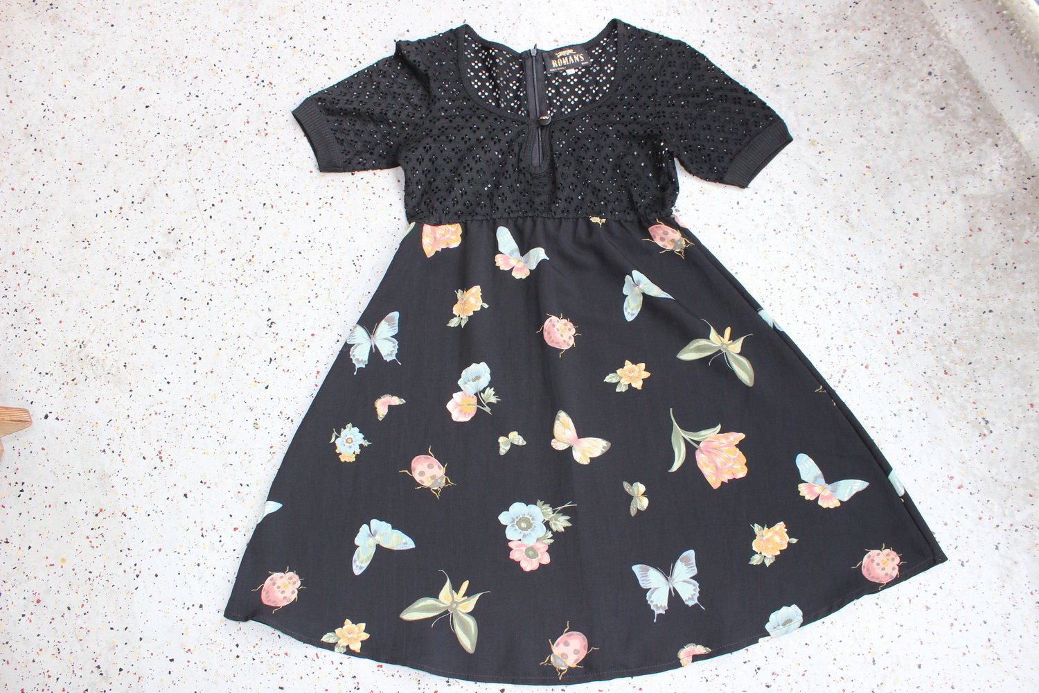 Vintage 90s ROMAN NEU! Lochstickerei Empire Kleid Unikat Butterfly