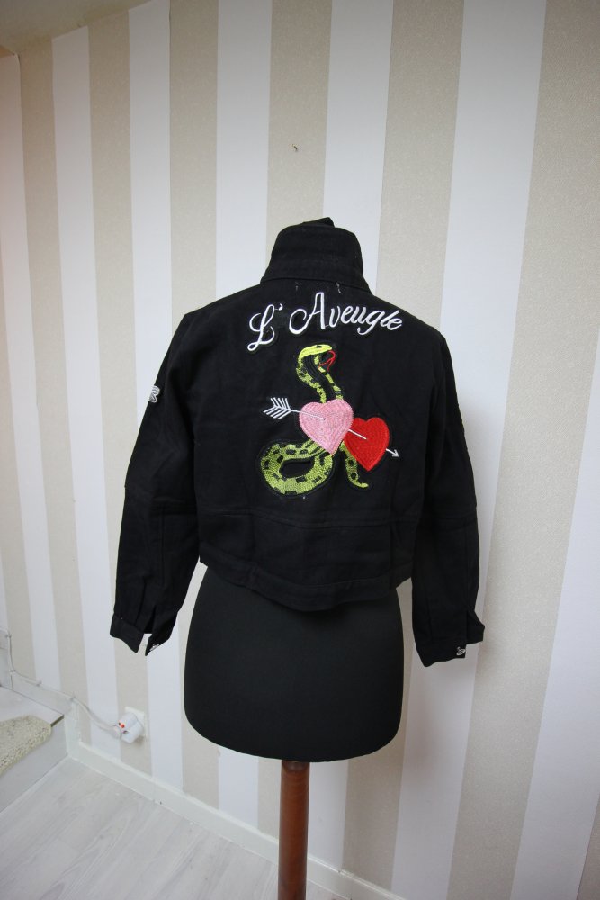 Neu Jeansjacke bunt Muster mix Eule Blume Schlange Herz