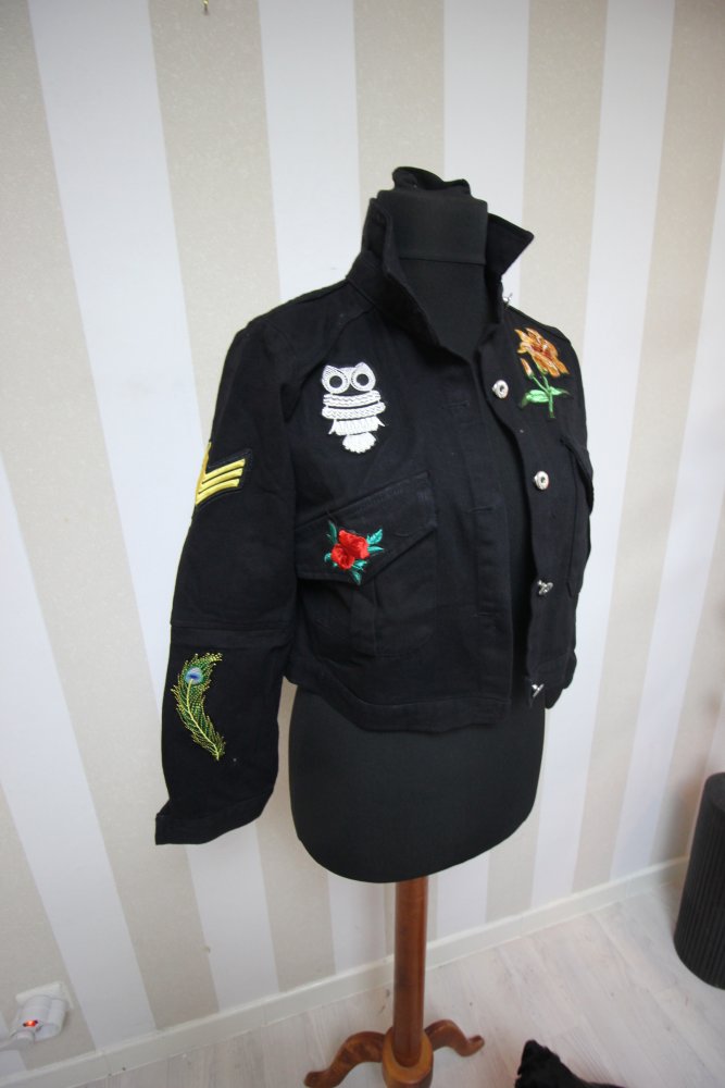 Neu Jeansjacke bunt Muster mix Eule Blume Schlange Herz