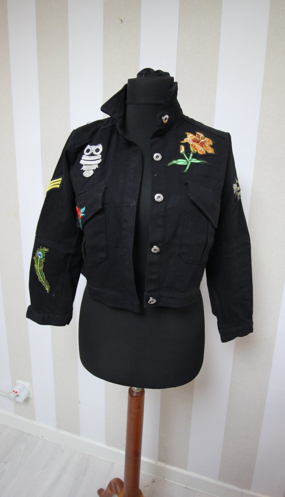 Neu Jeansjacke bunt Muster mix Eule Blume Schlange Herz