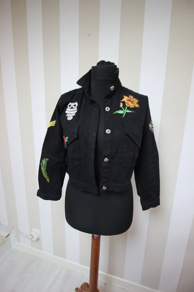 Neu Jeansjacke bunt Muster mix Eule Blume Schlange Herz