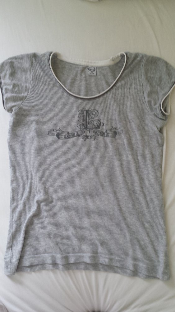 Pyjama Oberteil Schlafoberteil Ripp T-Shirt gerippt grau mit Print