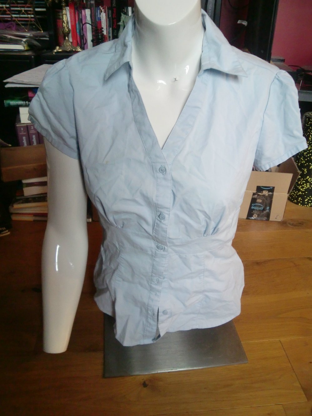 hellblaue Bluse, figurbetont