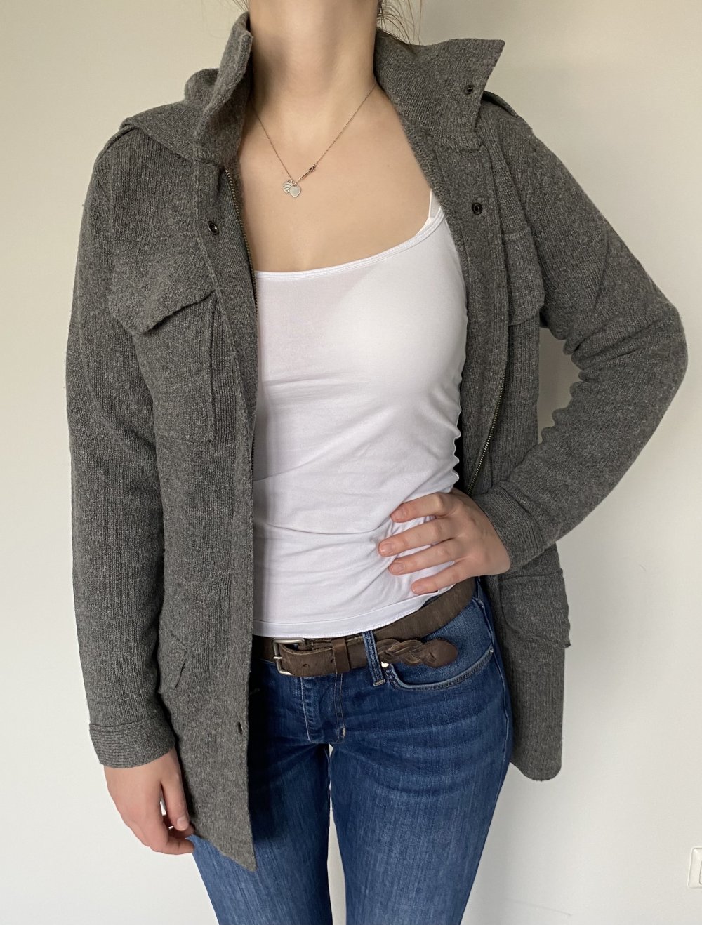 Strauss Innovation, Cardigan, lange Strickjacke, Kapuze, grau, Gr. 36