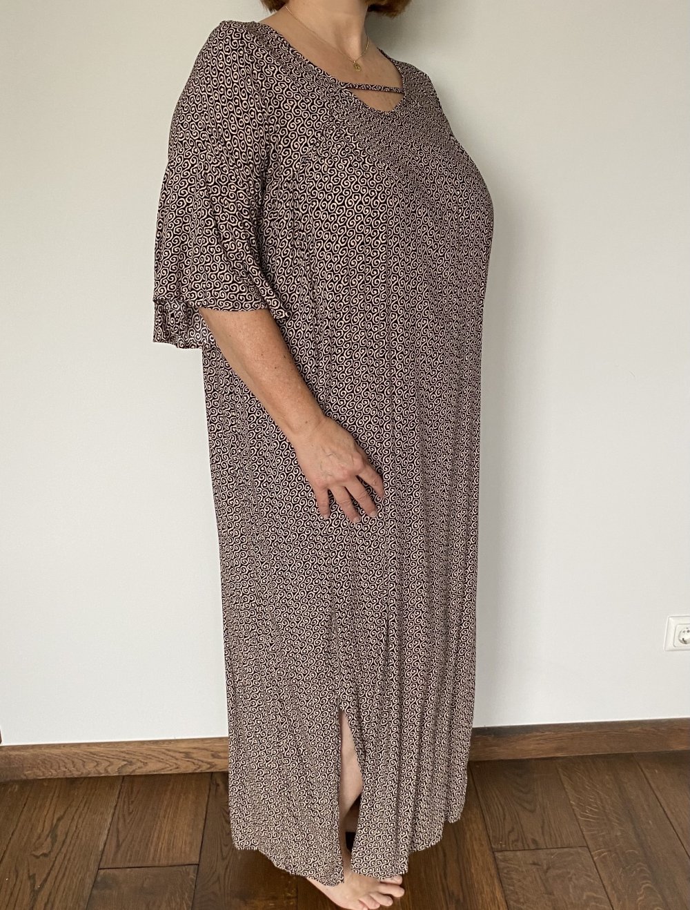 Maxikleid, Ethnomuster, halbarm, schwarz/beige, onesize