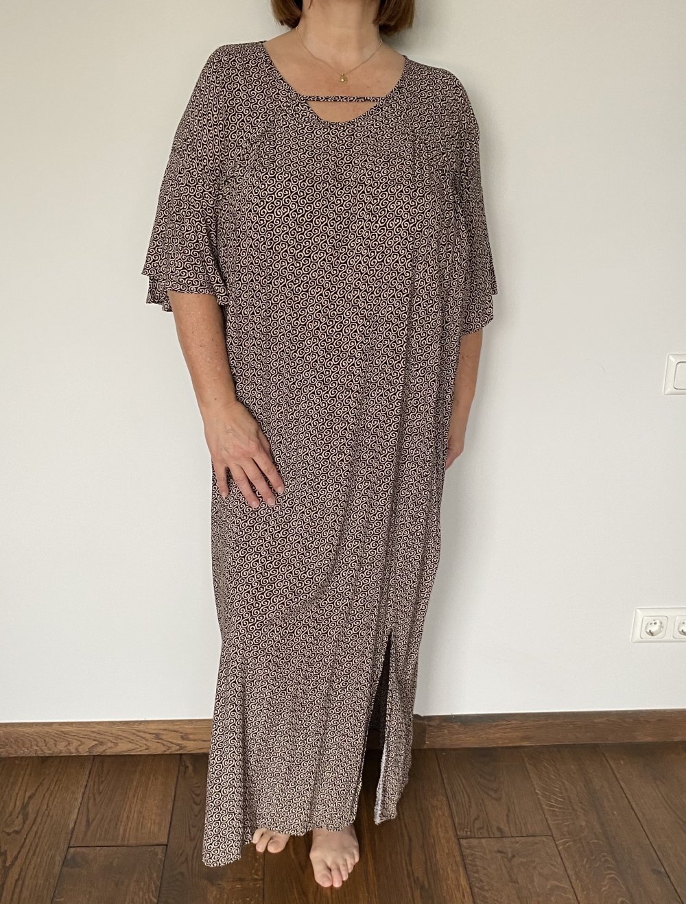 Maxikleid, Ethnomuster, halbarm, schwarz/beige, onesize